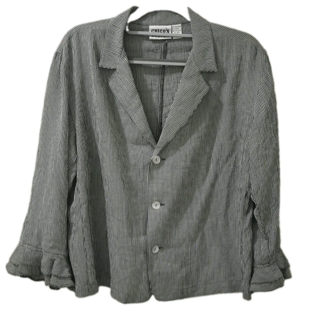 Vintage Chico's Design Blazer Womens 2 Black White Gingham Ruffle Cuff Jacket